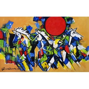 Mashkoor Raza, 30 x 48 Inch, Oil on Canvas, Horse Painting, AC-MR-699